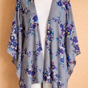 Arizona Jean Company Gray Floral Open-Front Kimono with Purple & Teal Print